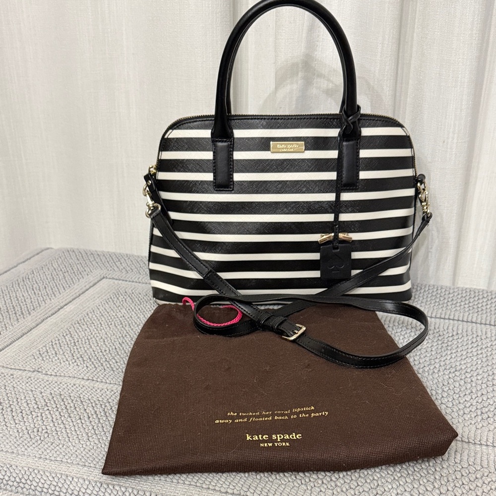 Kate Spade Black White Striped Satchel Purse Crossbody Like New